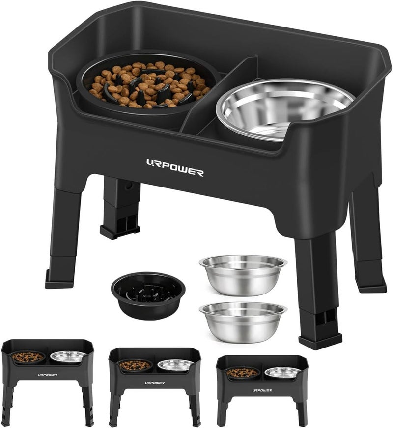 Mess Proof Slow Feeder Dog Bowls 4 Height Adjustable Elevated Bowl Stand with 2 Stainless Steel Dog Bowls and 1 Slow Feeder Non-Slip Food and Water Bowl Set for Small and Medium Dogs